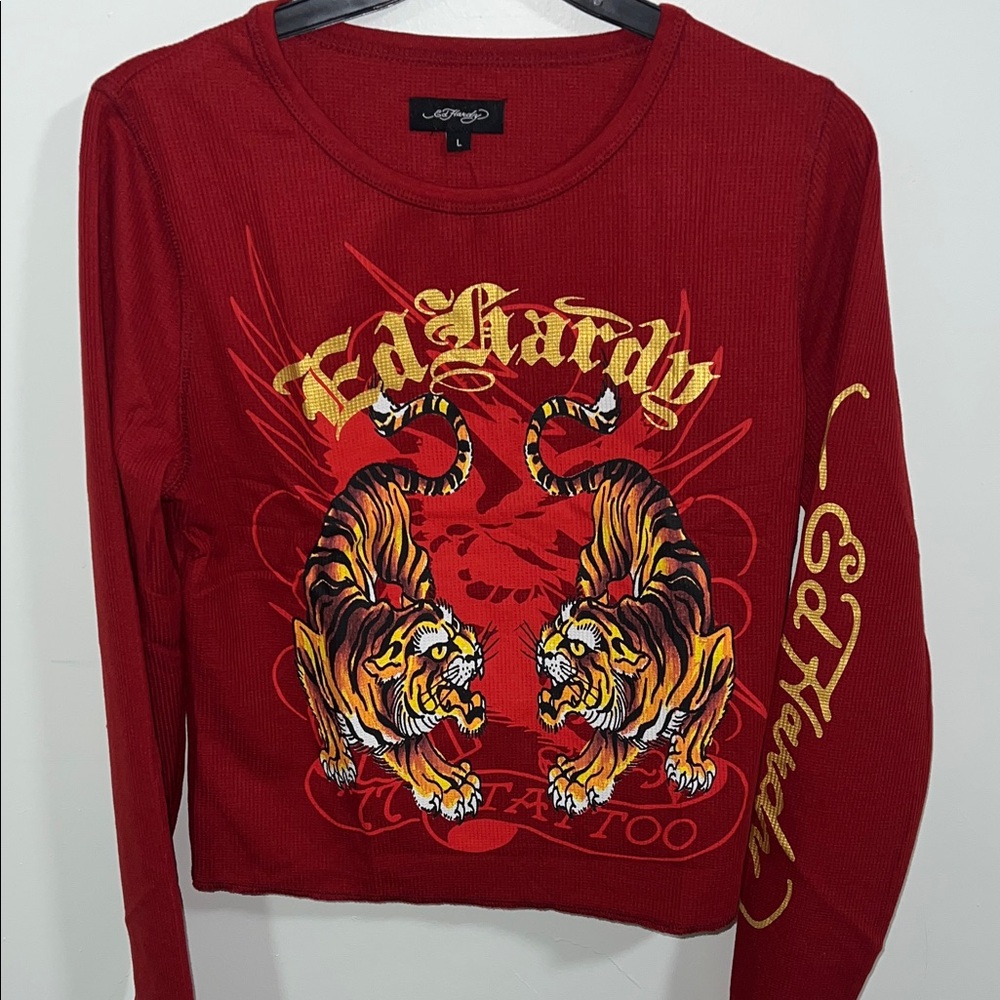 Ed Hardy Red Long Sleeve Tee with Tiger Design